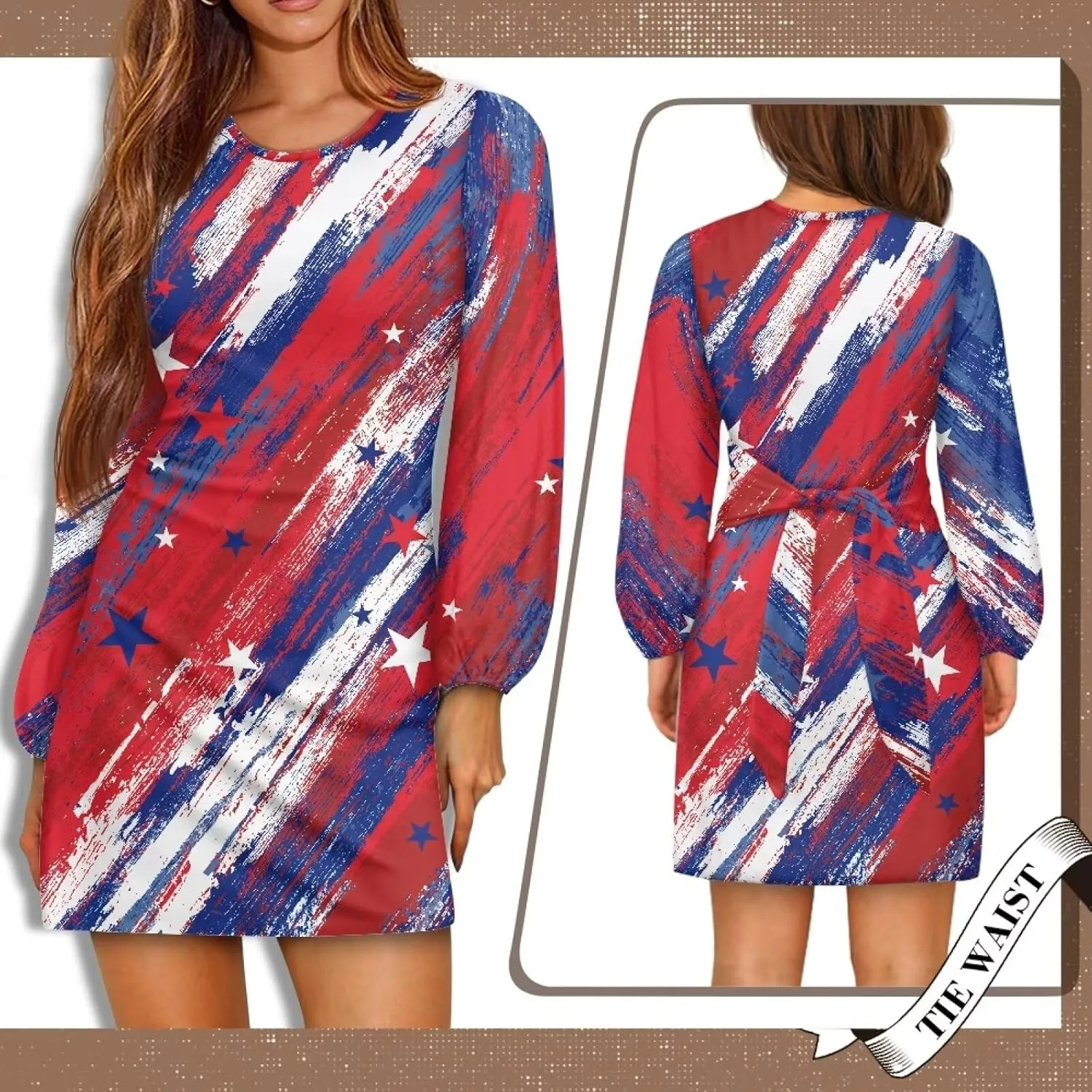 Women's Elegant Long Sleeve Dress Summer Mini Dresses Crewneck Tie Waist A Line Casual Stylish Outfits