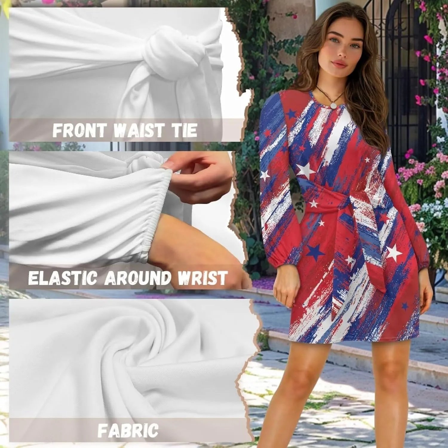 Women's Elegant Long Sleeve Dress Summer Mini Dresses Crewneck Tie Waist A Line Casual Stylish Outfits