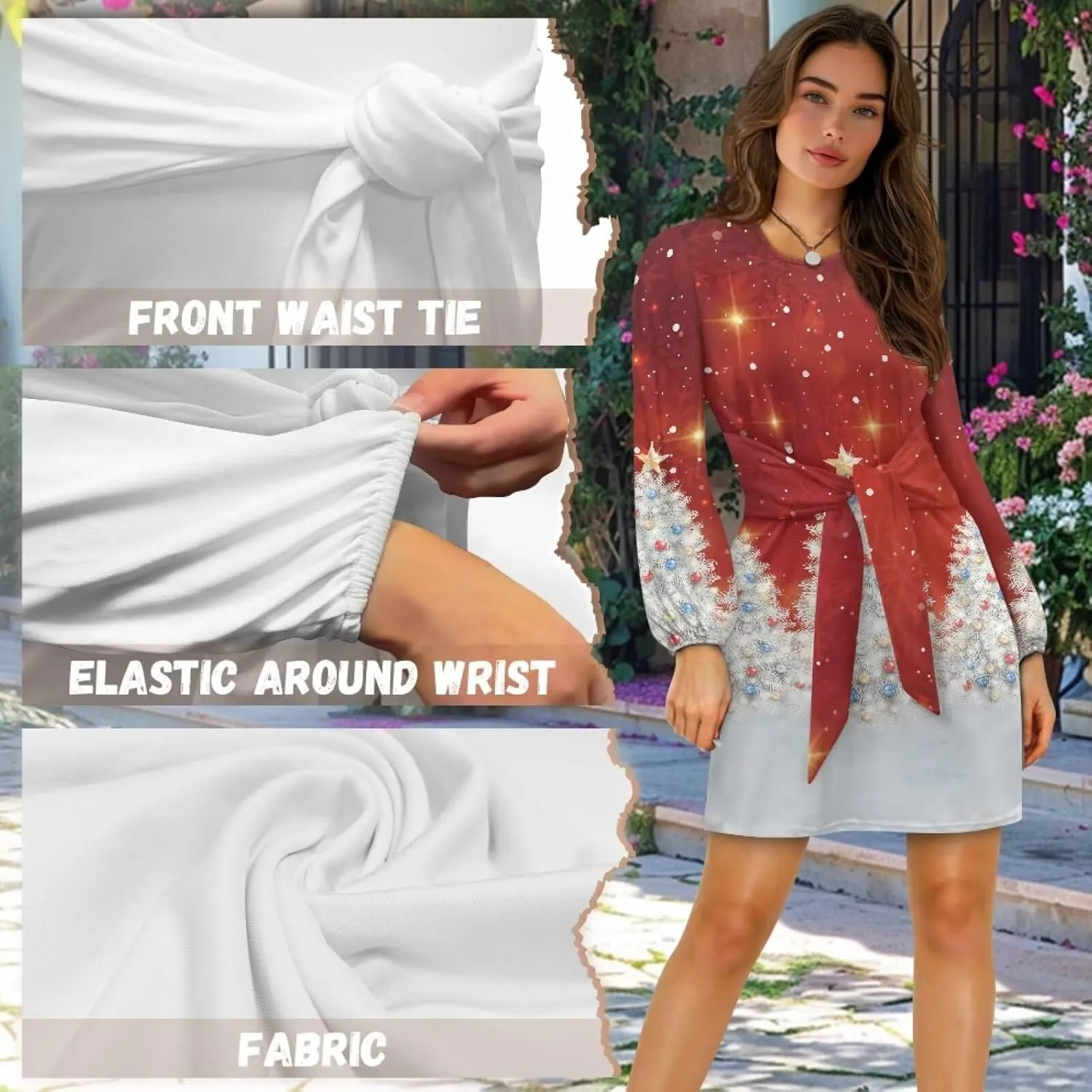 Women's Elegant Long Sleeve Dress Summer Mini Dresses Crewneck Tie Waist A Line Casual Stylish Outfits