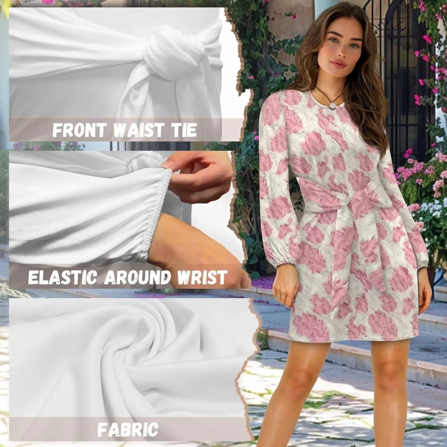 Women's Elegant Long Sleeve Dress Summer Mini Dresses Crewneck Tie Waist A Line Casual Stylish Outfits