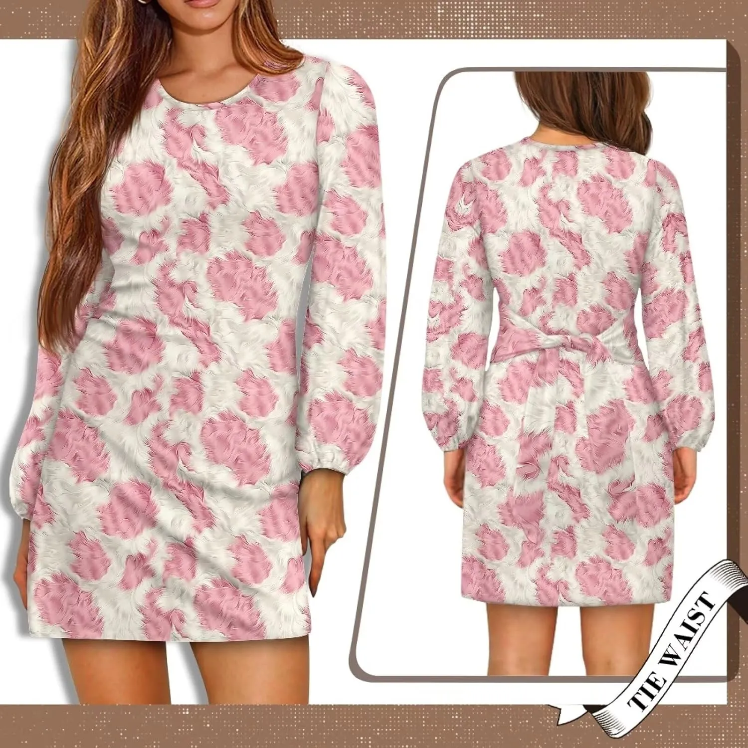 Women's Elegant Long Sleeve Dress Summer Mini Dresses Crewneck Tie Waist A Line Casual Stylish Outfits