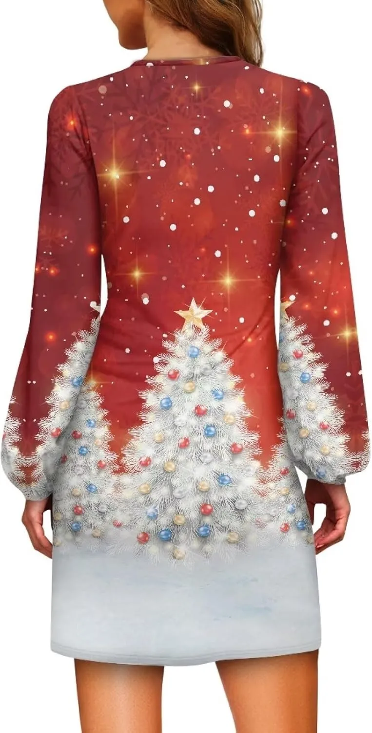 Women's Elegant Long Sleeve Dress Summer Mini Dresses Crewneck Tie Waist A Line Casual Stylish Outfits