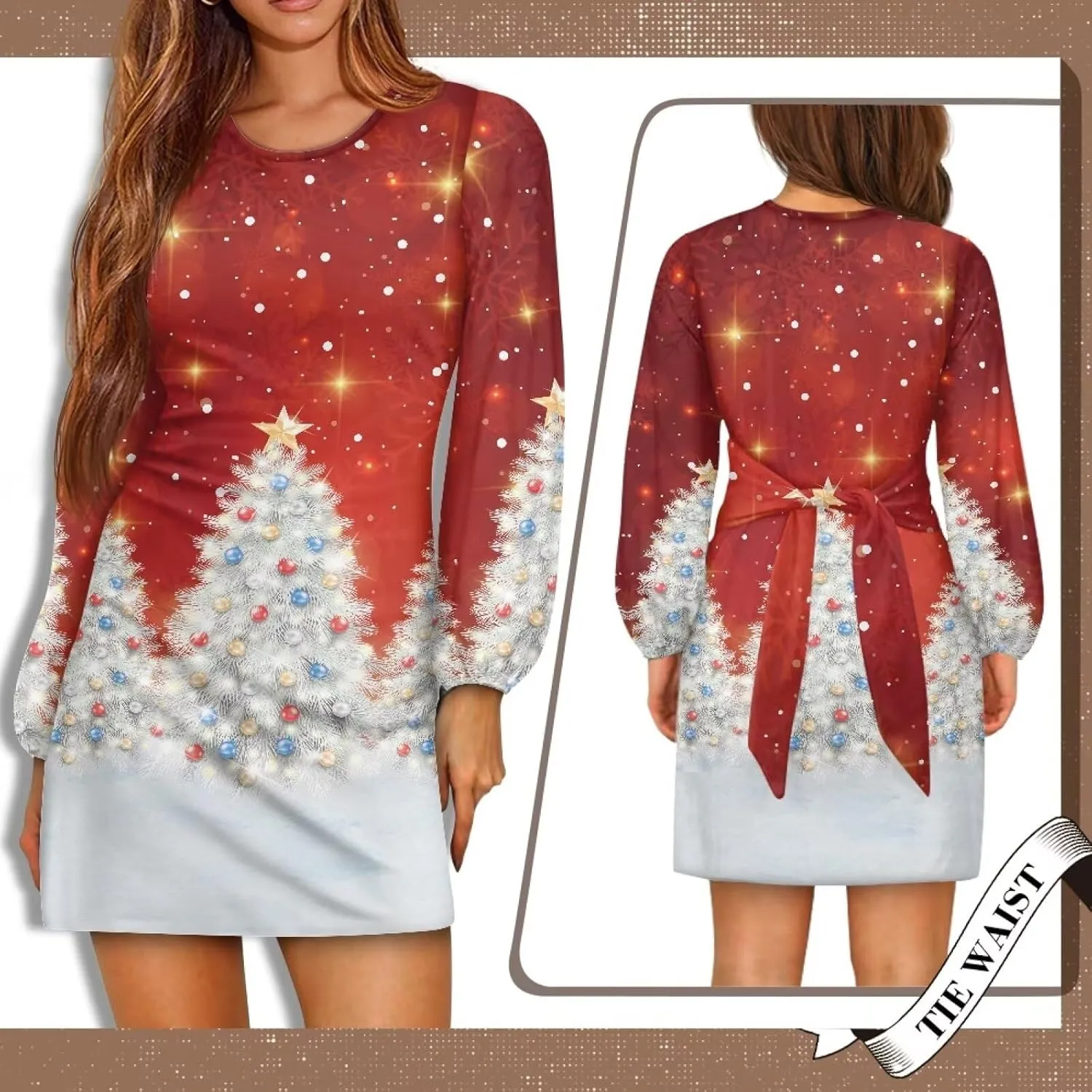 Women's Elegant Long Sleeve Dress Summer Mini Dresses Crewneck Tie Waist A Line Casual Stylish Outfits