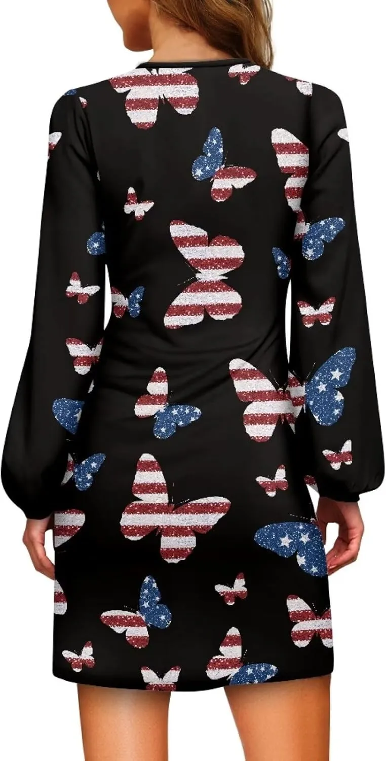 Women's Elegant Long Sleeve Dress Summer Mini Dresses Crewneck Tie Waist A Line Casual Stylish Outfits