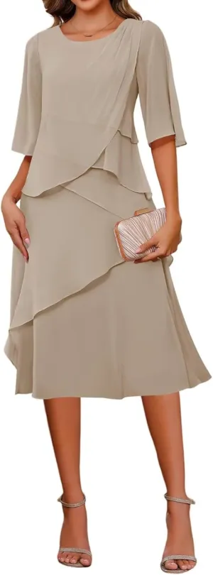 Women's Elegant Mother of The Bride Dresses for Wedding Short Sleeve Ruffles Chiffon Formal Evening Dress