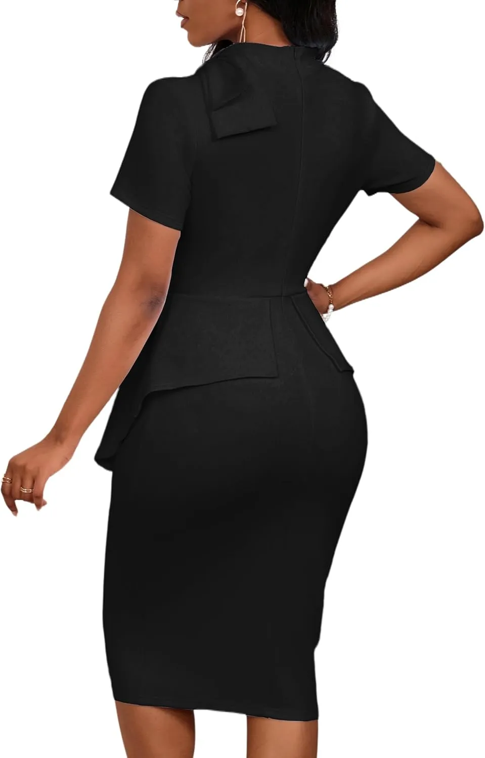 Women's Fashion Peplum Bodycon Short Sleeve Work Dresses Bow Club Ruffle Pencil Formal Cocktail Dress