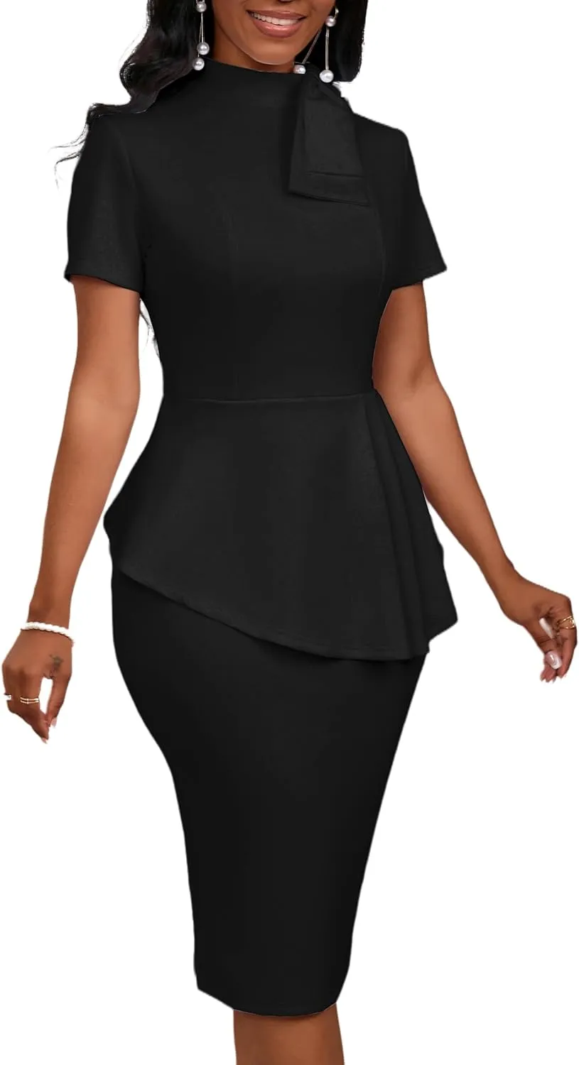 Women's Fashion Peplum Bodycon Short Sleeve Work Dresses Bow Club Ruffle Pencil Formal Cocktail Dress