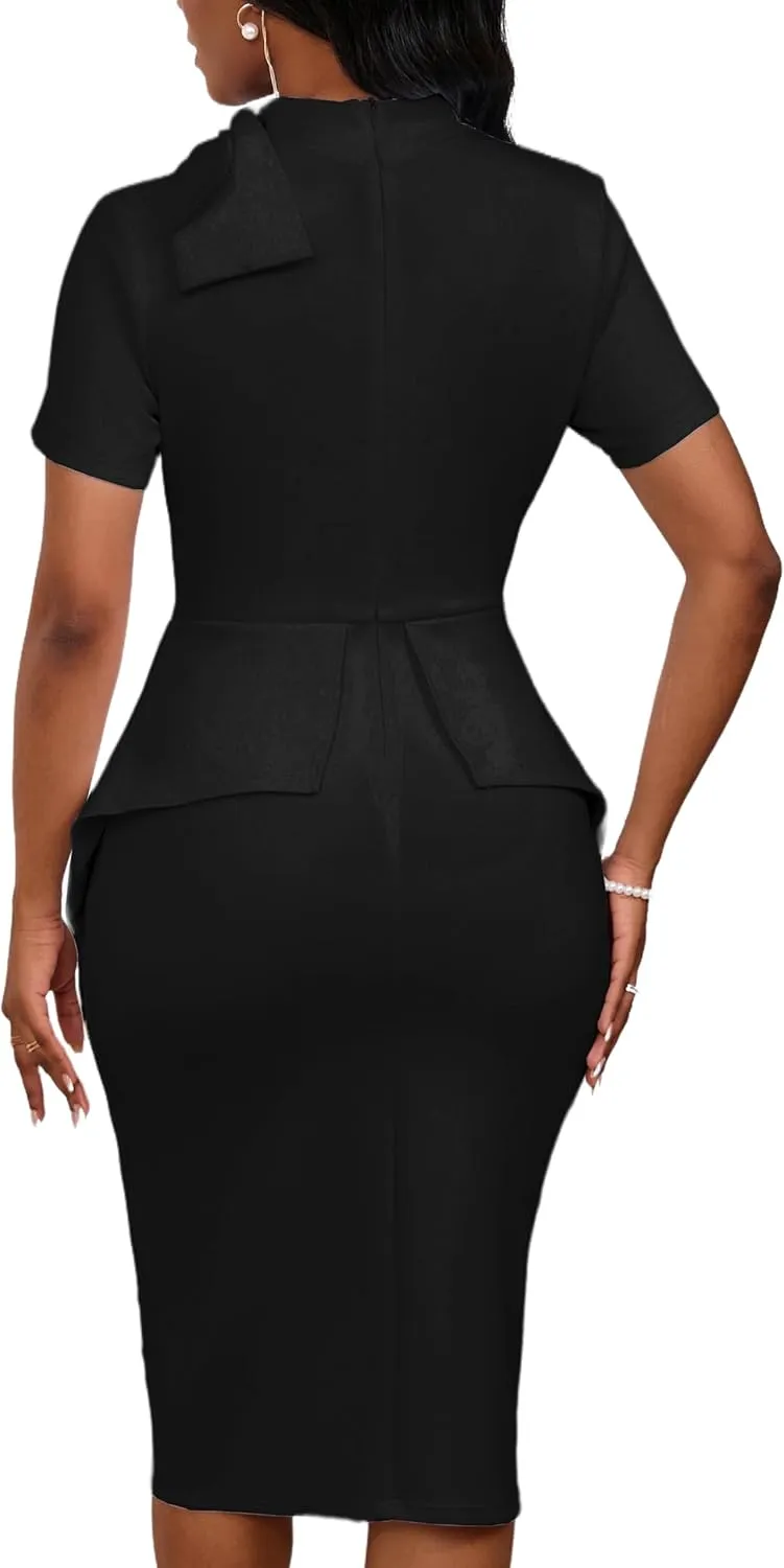 Women's Fashion Peplum Bodycon Short Sleeve Work Dresses Bow Club Ruffle Pencil Formal Cocktail Dress