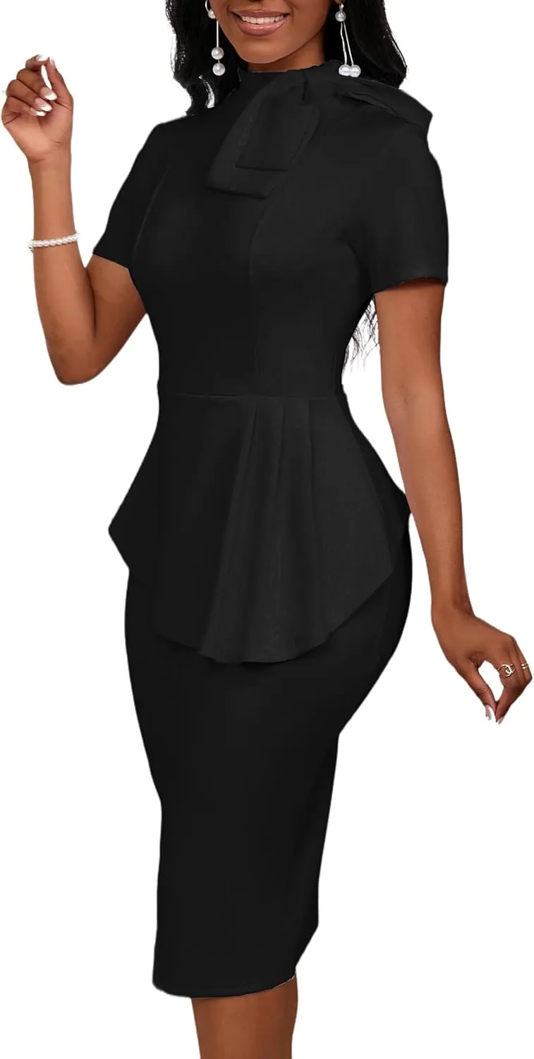 Women's Fashion Peplum Bodycon Short Sleeve Work Dresses Bow Club Ruffle Pencil Formal Cocktail Dress