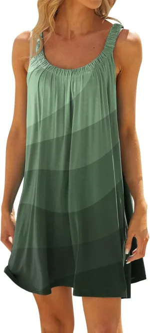 Women's Fashion Summer Casual Vest Sleeveless Bohemian Print Loose Tank Large Dress Blossoms Strap Dress