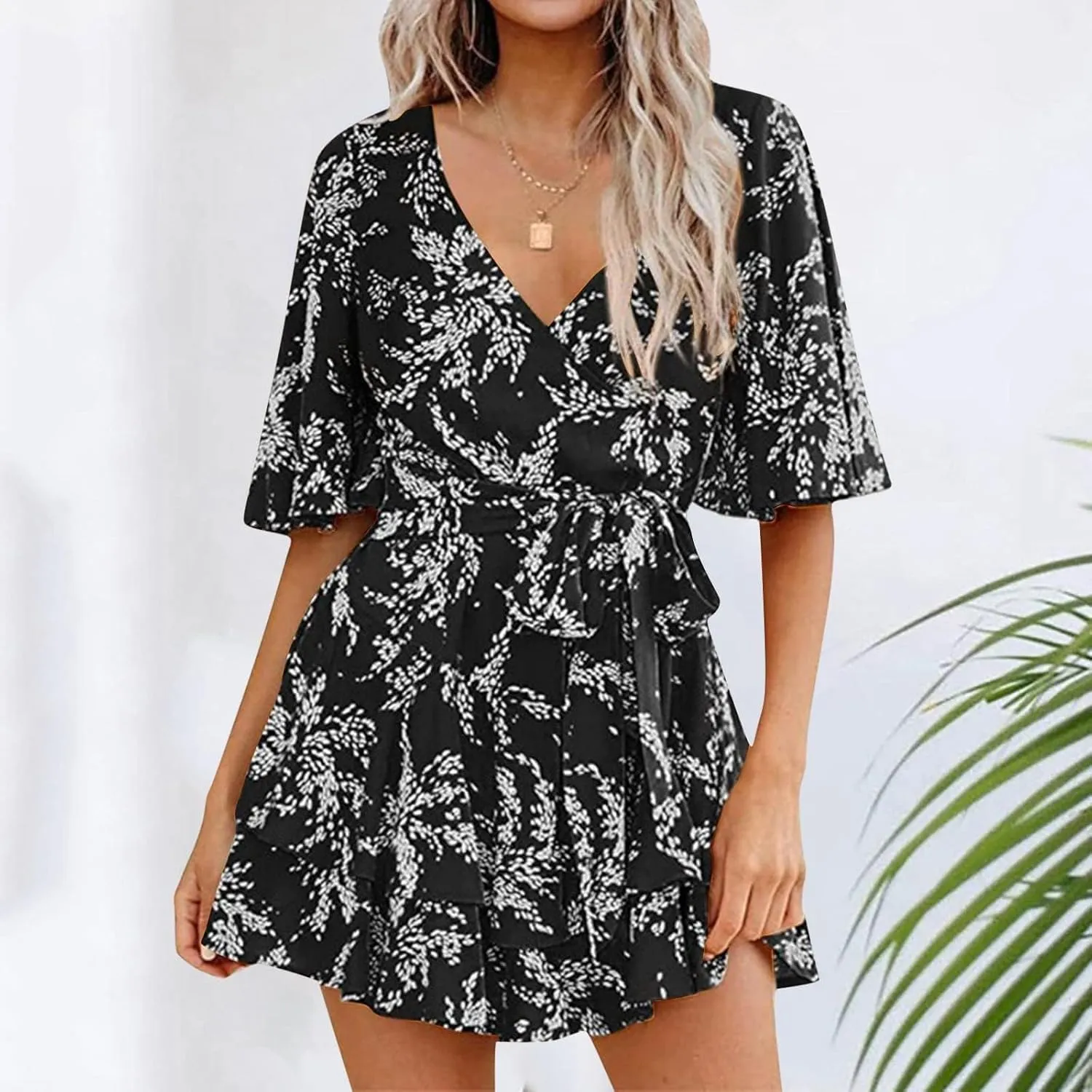 Women's Floral Dress Flowy Midi Skirts Summer Boho Beach Sundress Casual Ruffled Sleeve Waist Lace-up Romper Dresses