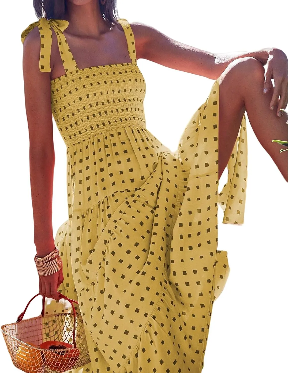 Women's Halter Midi Dress Summer Printed Beach Sundress Flowy Boho Dresses Sleeveless Vacation Floral Maxi Skirts