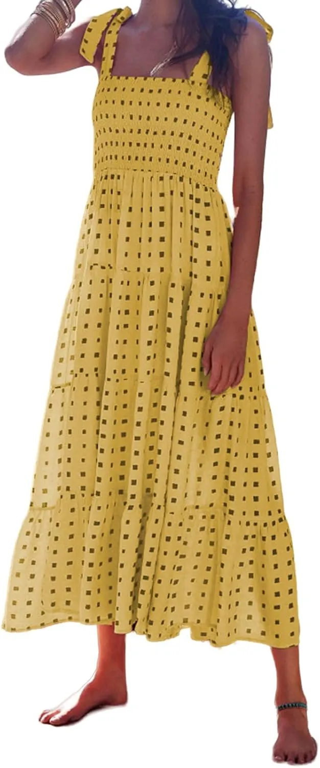 Women's Halter Midi Dress Summer Printed Beach Sundress Flowy Boho Dresses Sleeveless Vacation Floral Maxi Skirts