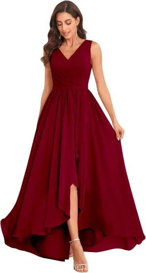 Women's High Low V Neck Bridesmaid Dresses Long with Slit Ruffle Pleated Chiffon Formal Dress