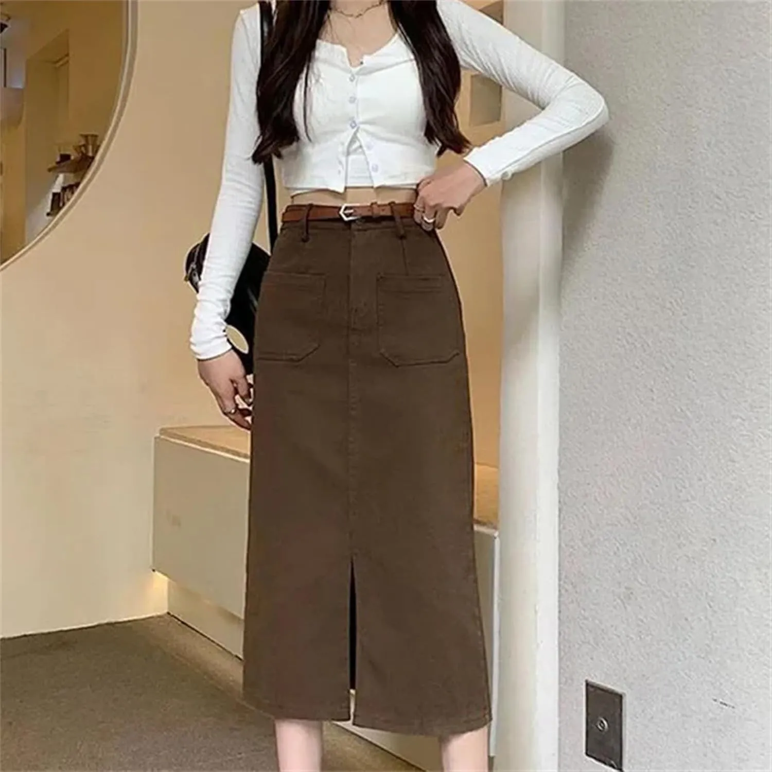 Women's High Waist Split Straight Skirt - Slim Fit with Belt Pockets Midi Length for Office Casual Wear