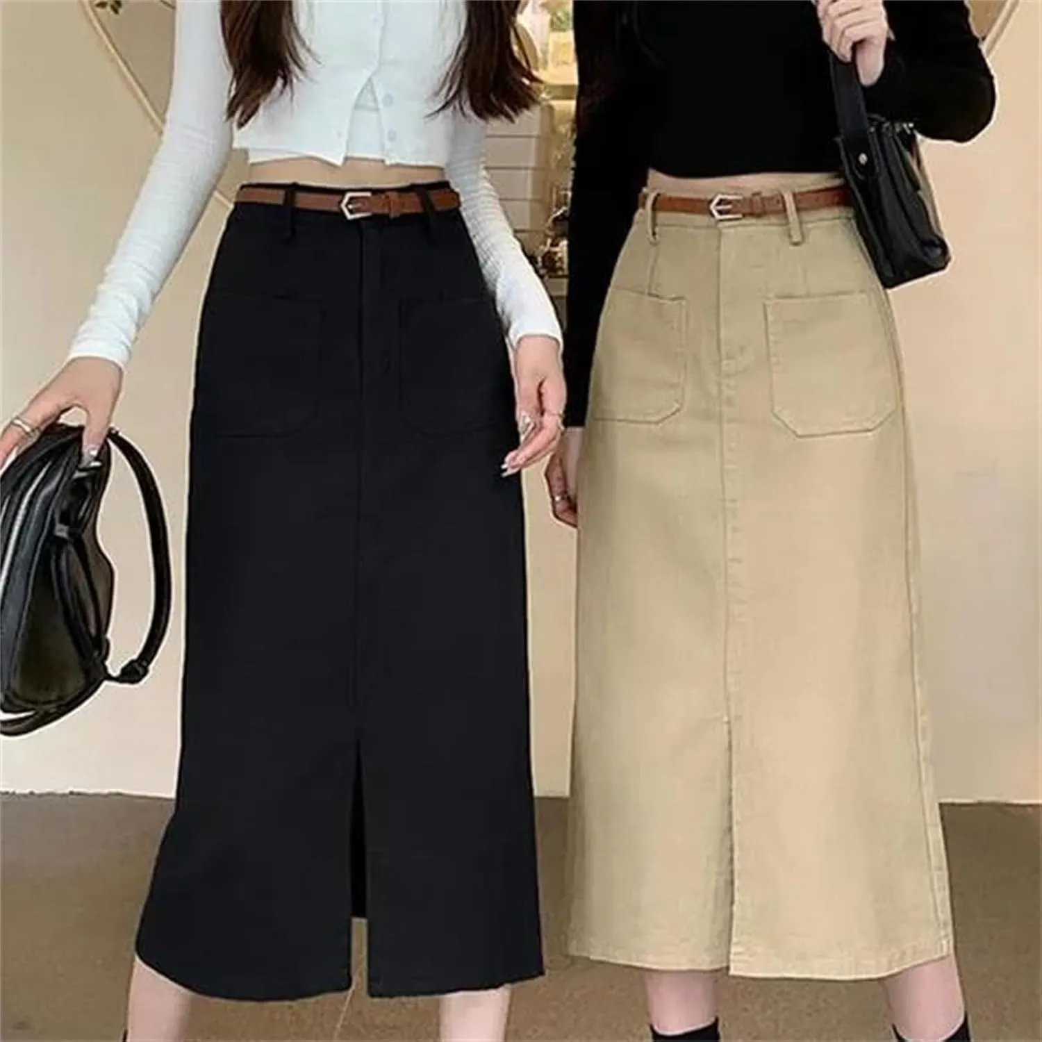 Women's High Waist Split Straight Skirt - Slim Fit with Belt Pockets Midi Length for Office Casual Wear