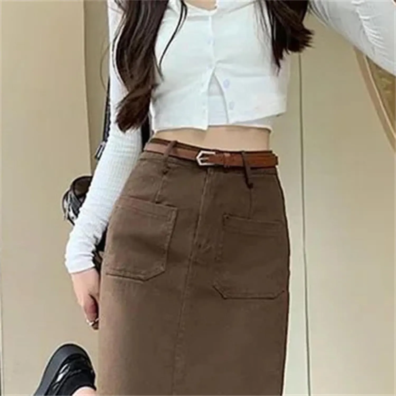 Women's High Waist Split Straight Skirt - Slim Fit with Belt Pockets Midi Length for Office Casual Wear