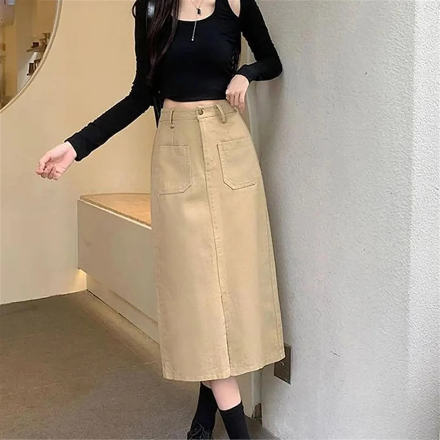 Women's High Waist Split Straight Skirt - Slim Fit with Belt Pockets Midi Length for Office Casual Wear