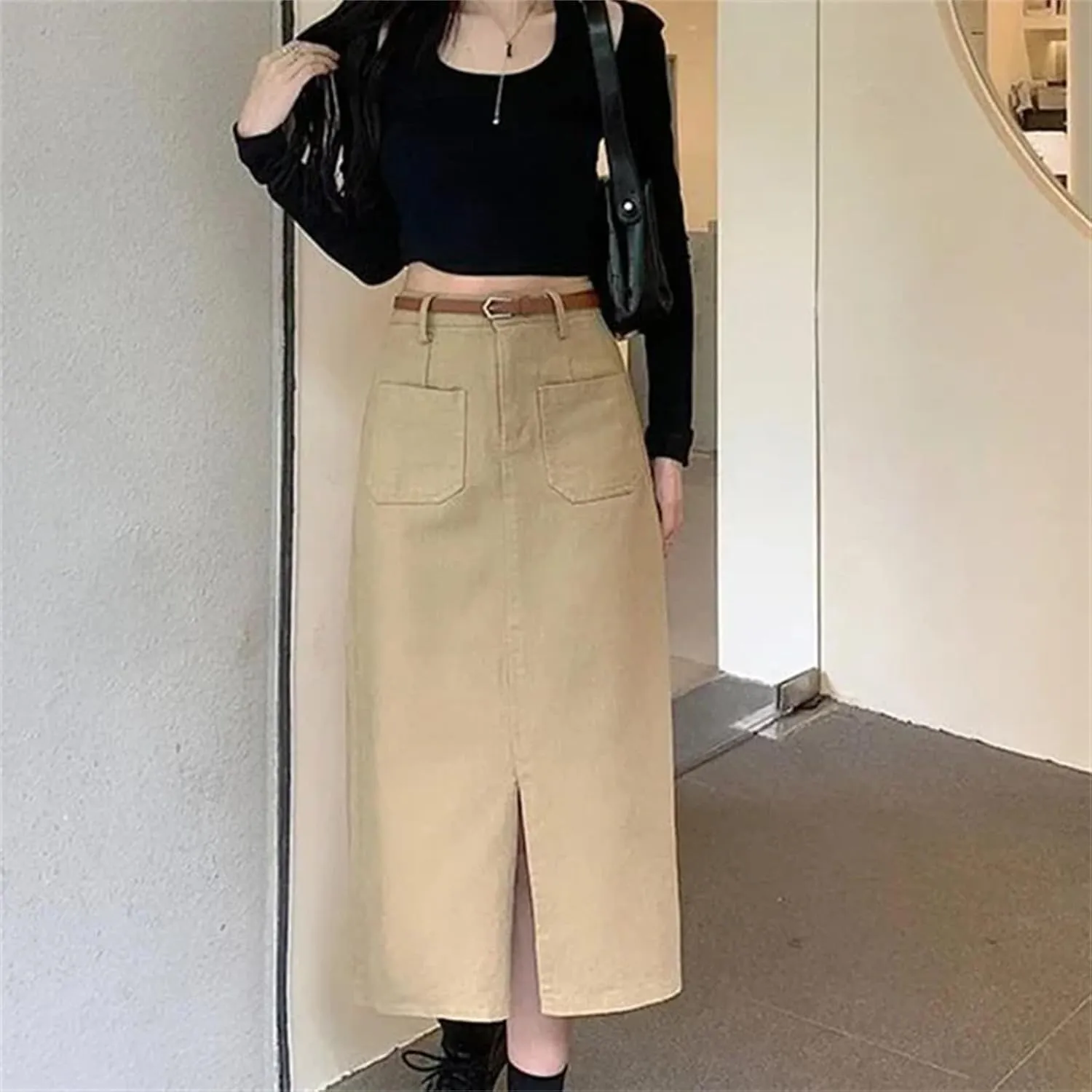 Women's High Waist Split Straight Skirt - Slim Fit with Belt Pockets Midi Length for Office Casual Wear