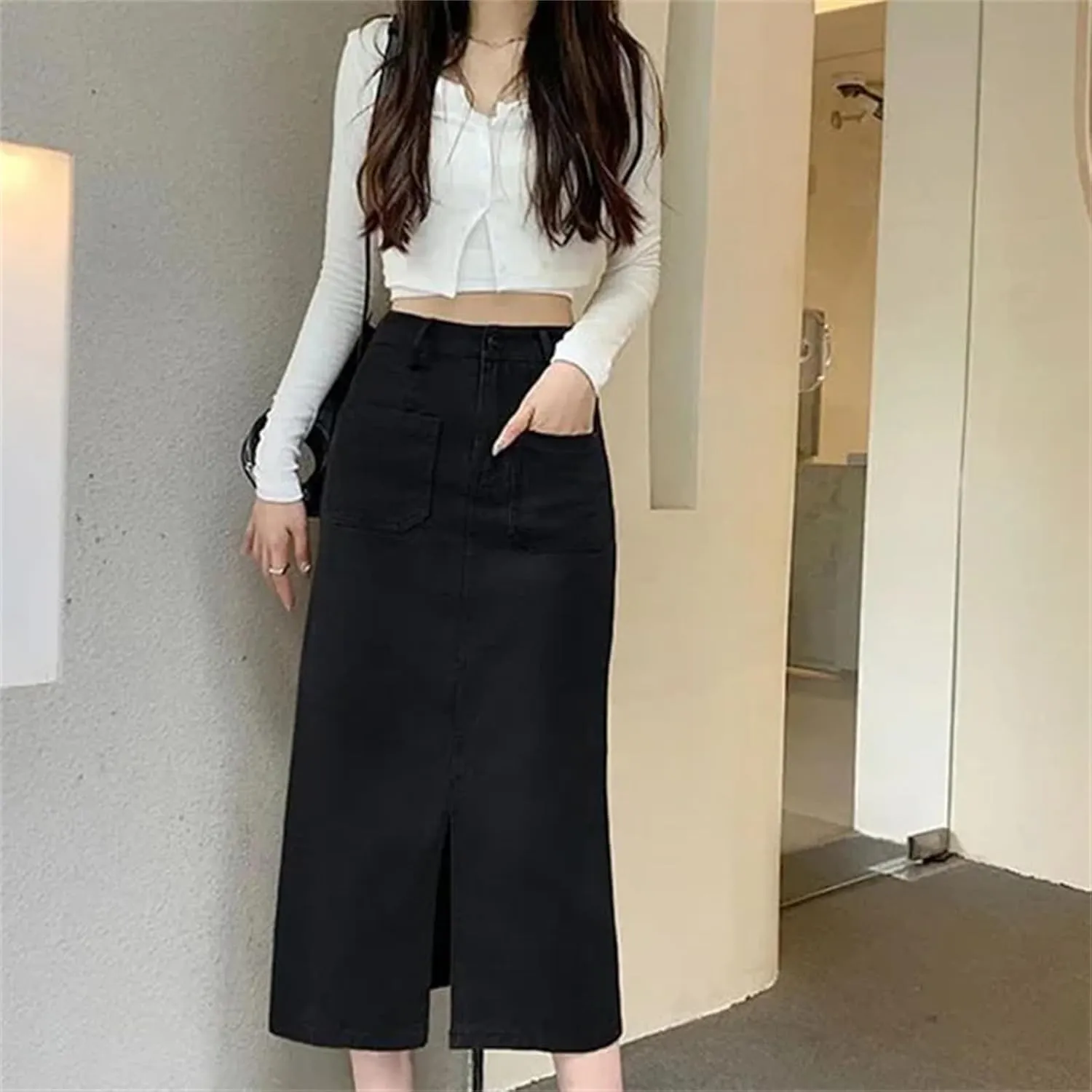 Women's High Waist Split Straight Skirt - Slim Fit with Belt Pockets Midi Length for Office Casual Wear