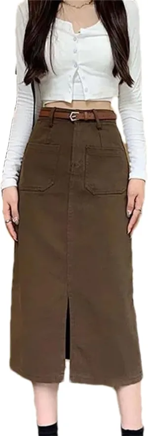 Women's High Waist Split Straight Skirt - Slim Fit with Belt Pockets Midi Length for Office Casual Wear