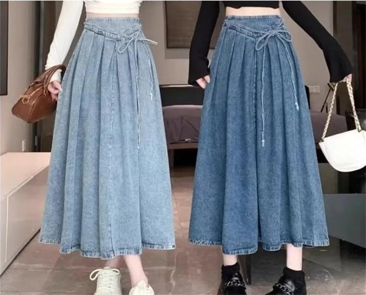 Women's High-Waisted Denim A- Line Elastic Waist Skirt Fashion Denim Streetwear Casual Skirt