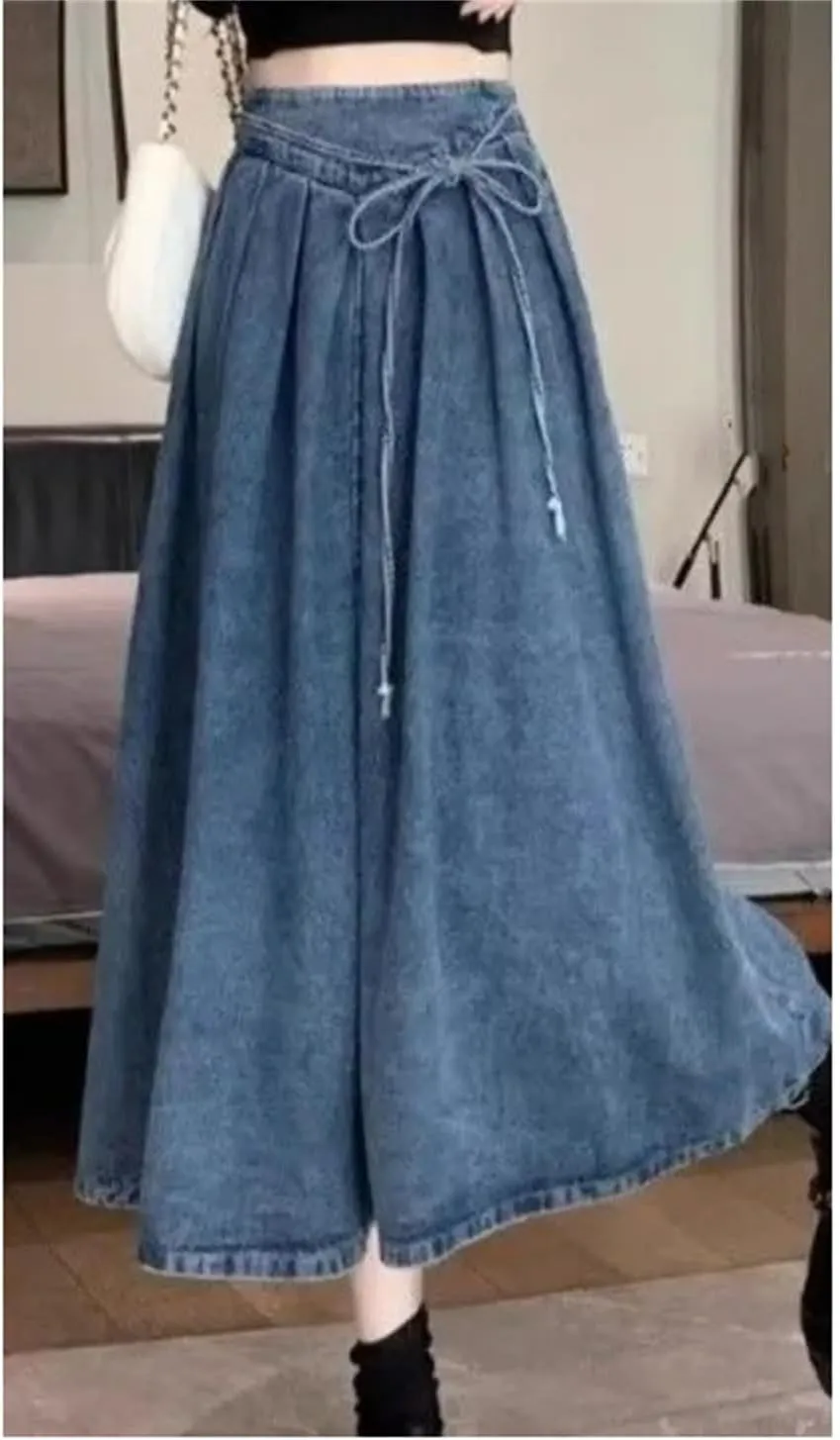 Women's High-Waisted Denim A- Line Elastic Waist Skirt Fashion Denim Streetwear Casual Skirt