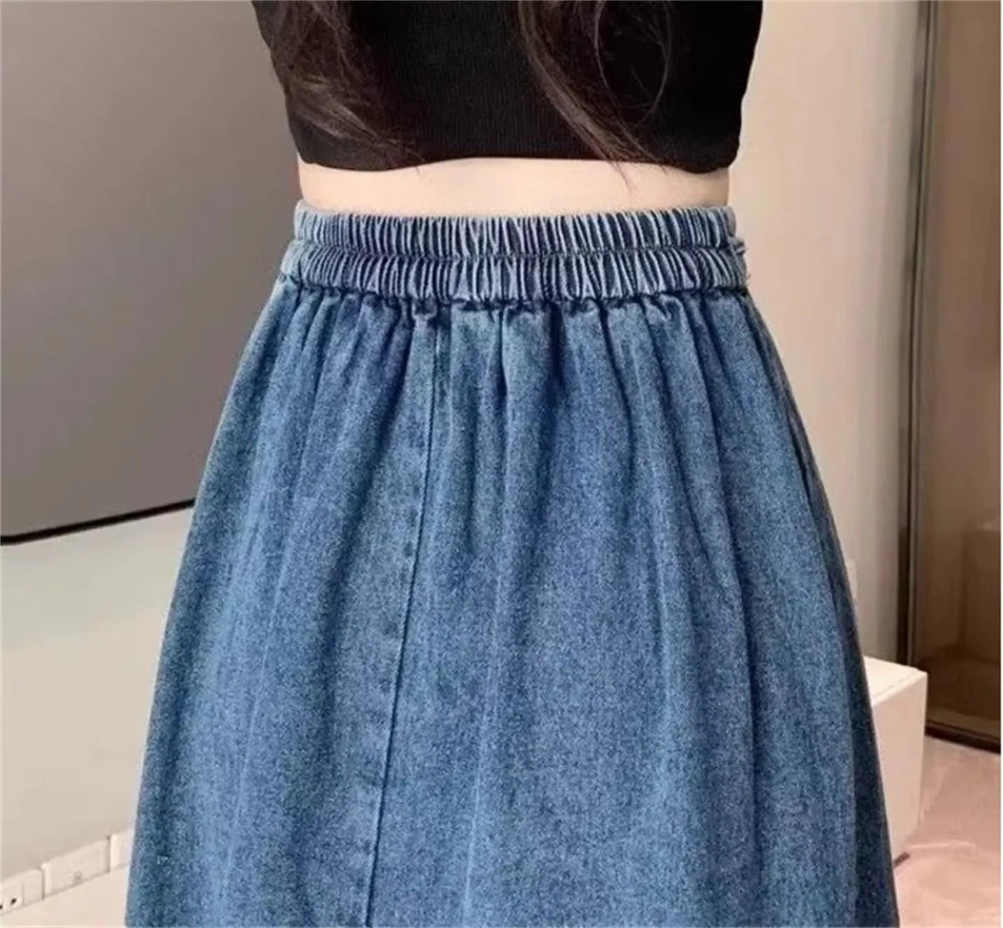Women's High-Waisted Denim A- Line Elastic Waist Skirt Fashion Denim Streetwear Casual Skirt