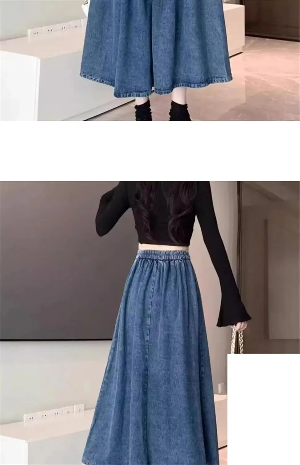 Women's High-Waisted Denim A- Line Elastic Waist Skirt Fashion Denim Streetwear Casual Skirt