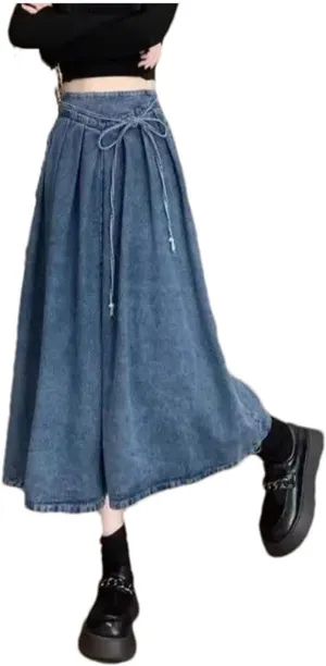Women's High-Waisted Denim A- Line Elastic Waist Skirt Fashion Denim Streetwear Casual Skirt