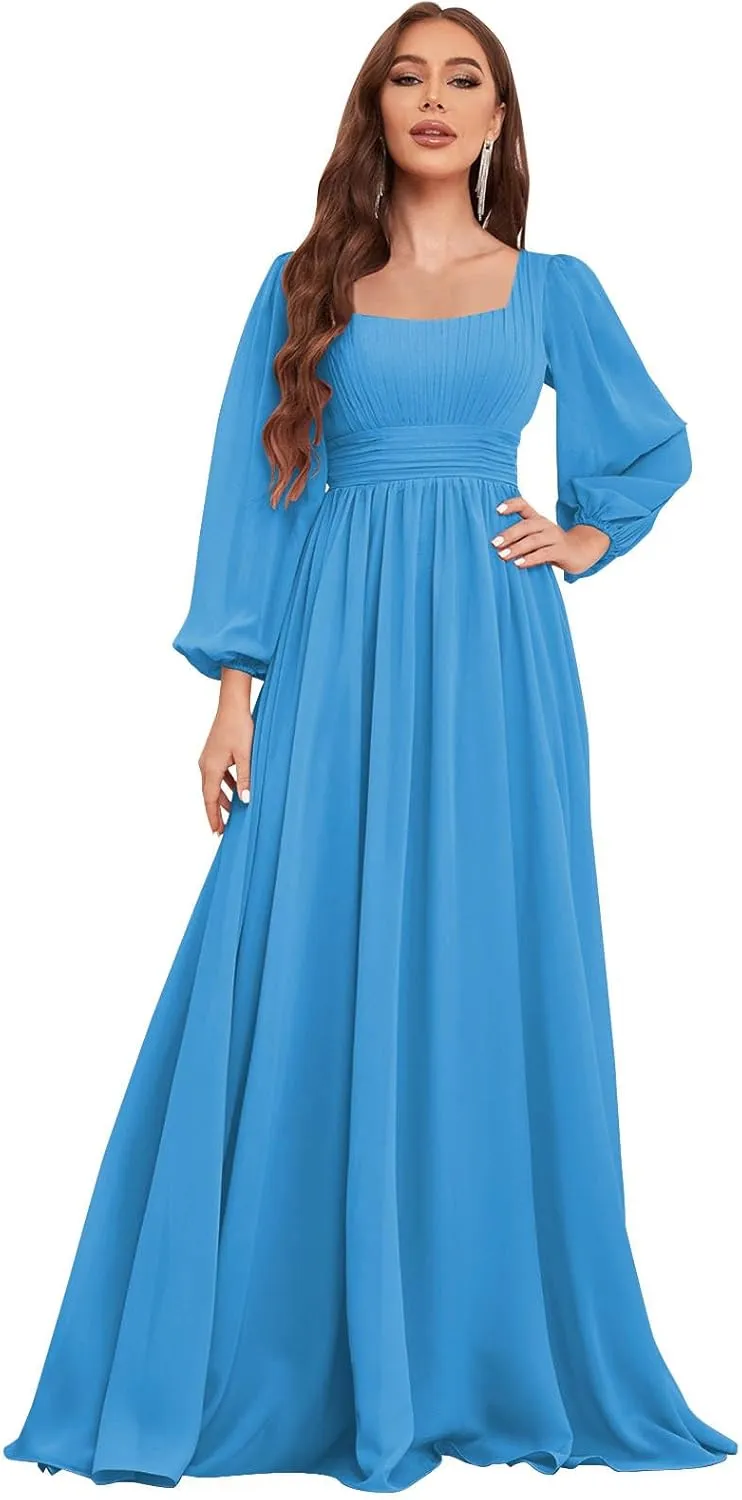 Women's Long Sleeve Bridesmaid Dress with Pockets Square Neck Formal Dresses Pleated Chiffon Wedding Guest Dress