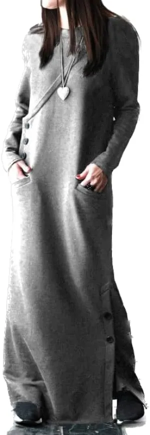 Womens Long Sleeve Hooded Maxi Pullover Hoodie Dress Split Side Loose Sweatshirt Dresses for Women