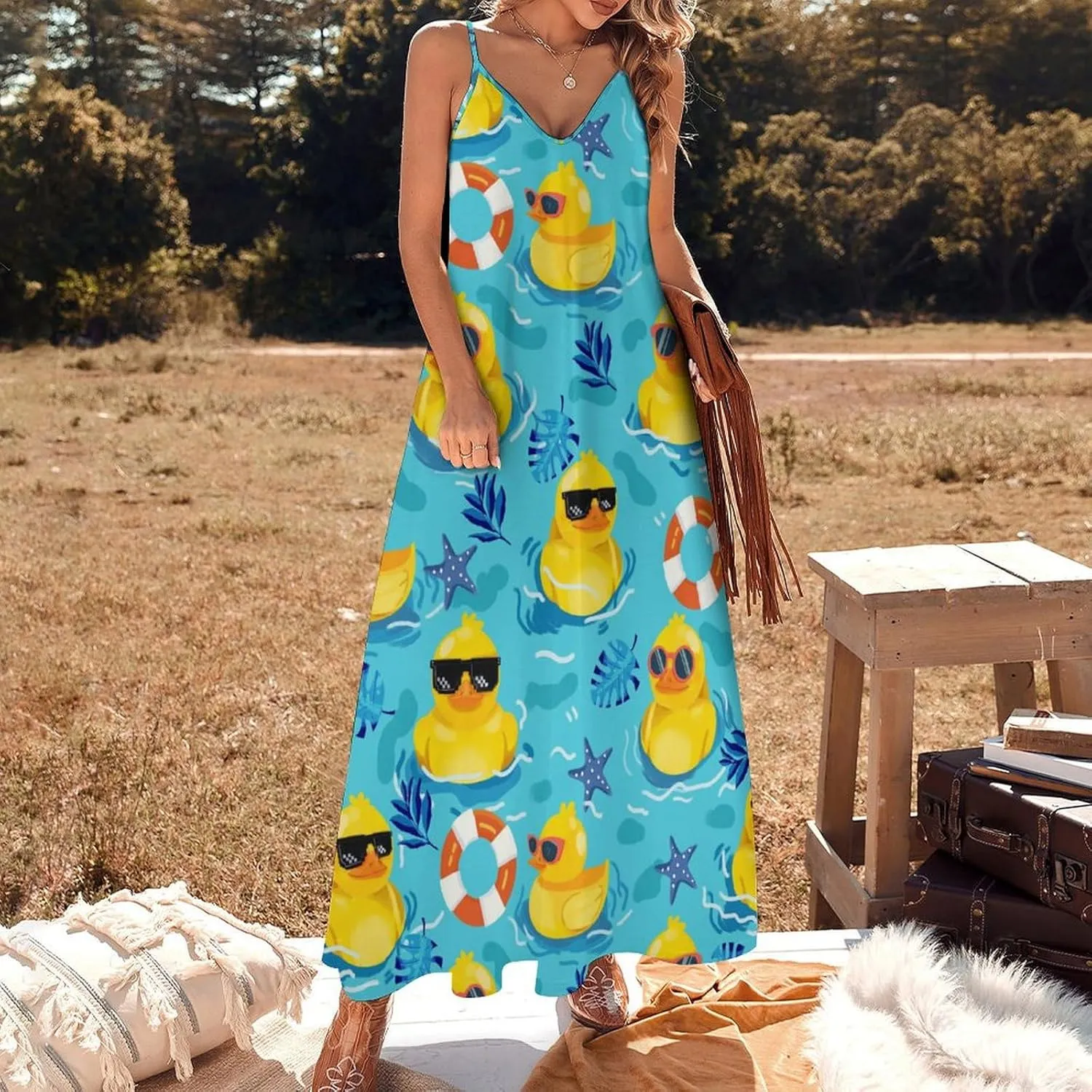 Women's Maxi Dress Duck Summer Sun Dresses Casual Loose Long Dress V Neck Sleeveless Beach Dresses