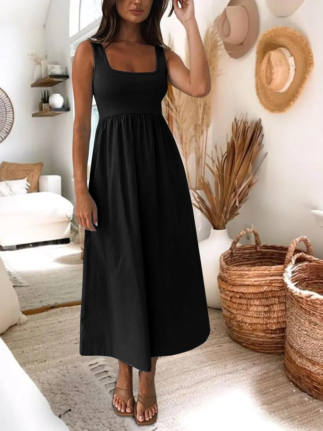 Women's Maxi Dress Summer Sleeveless Swing Sundress Casual Loose Tank Long Dresses with Pockets