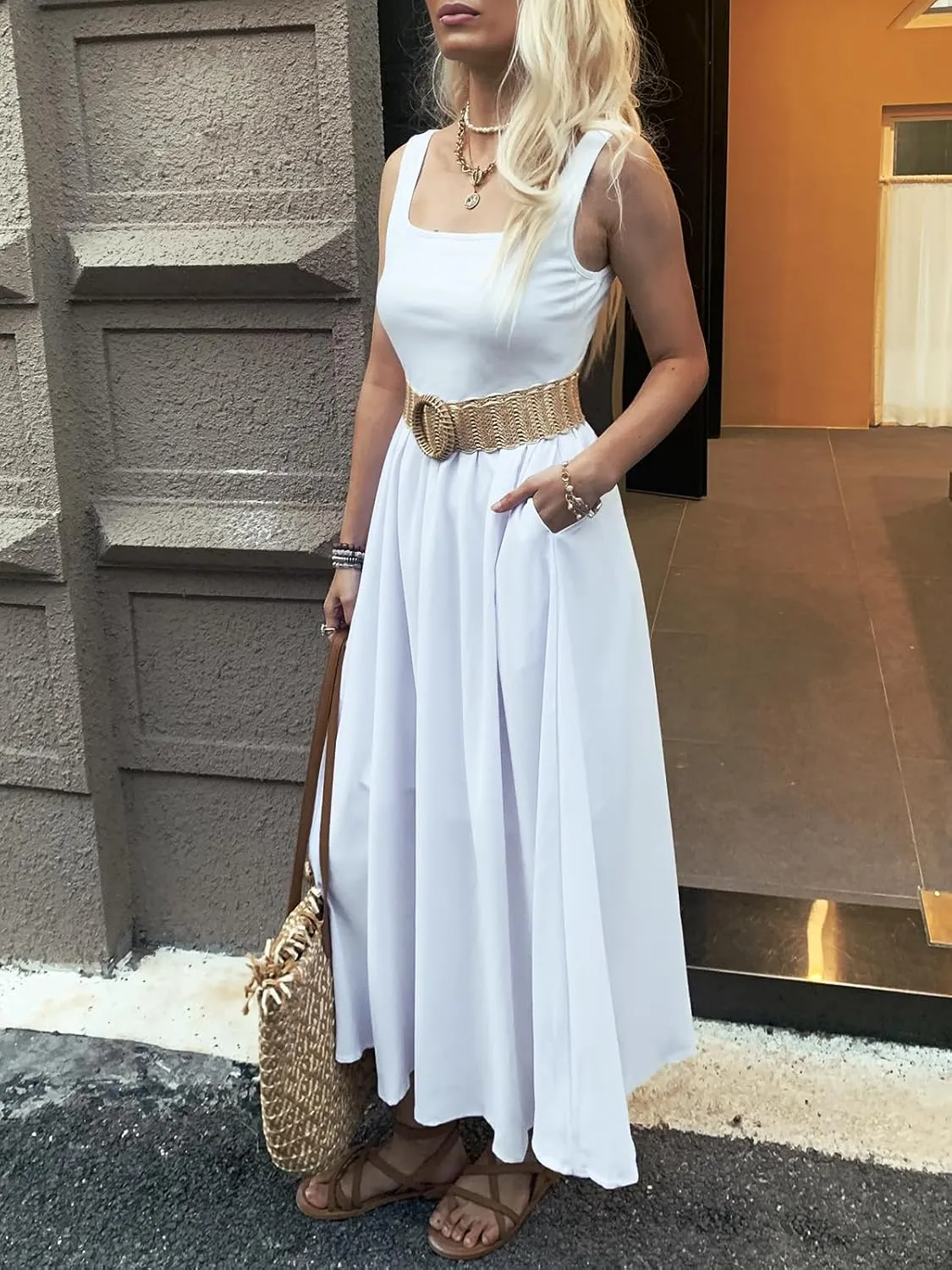 Women's Maxi Dress Summer Sleeveless Swing Sundress Casual Loose Tank Long Dresses with Pockets