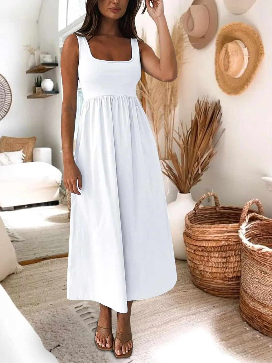 Women's Maxi Dress Summer Sleeveless Swing Sundress Casual Loose Tank Long Dresses with Pockets