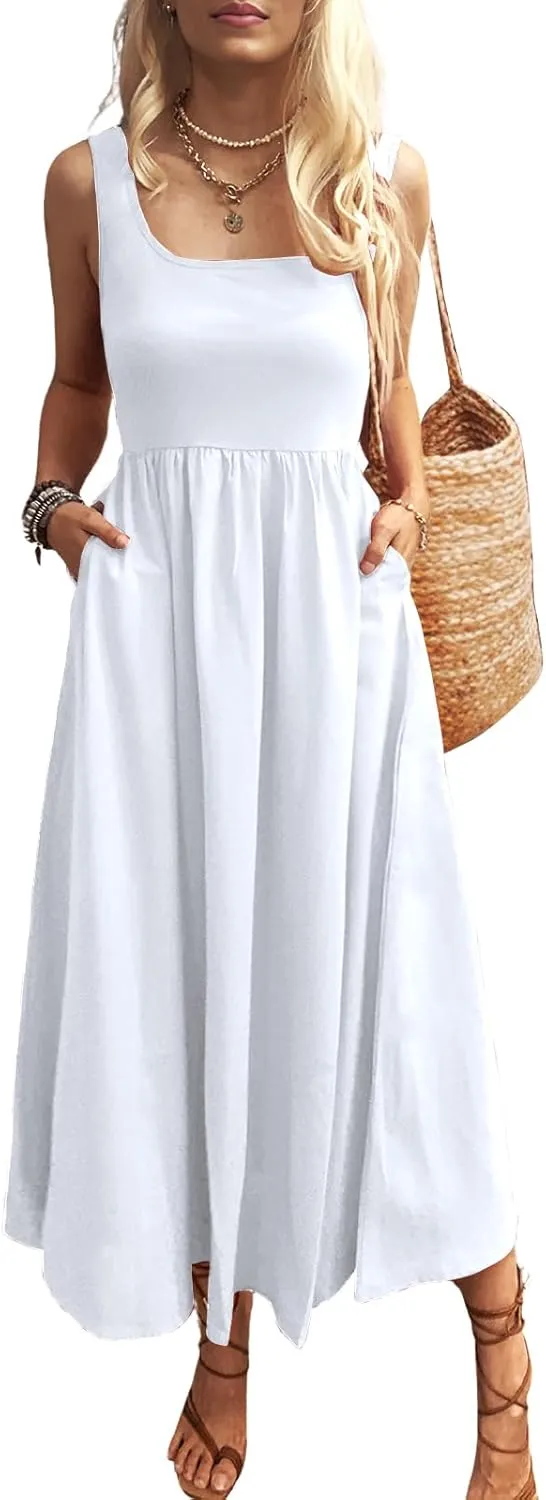 Women's Maxi Dress Summer Sleeveless Swing Sundress Casual Loose Tank Long Dresses with Pockets