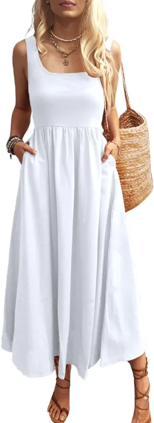 Women's Maxi Dress Summer Sleeveless Swing Sundress Casual Loose Tank Long Dresses with Pockets