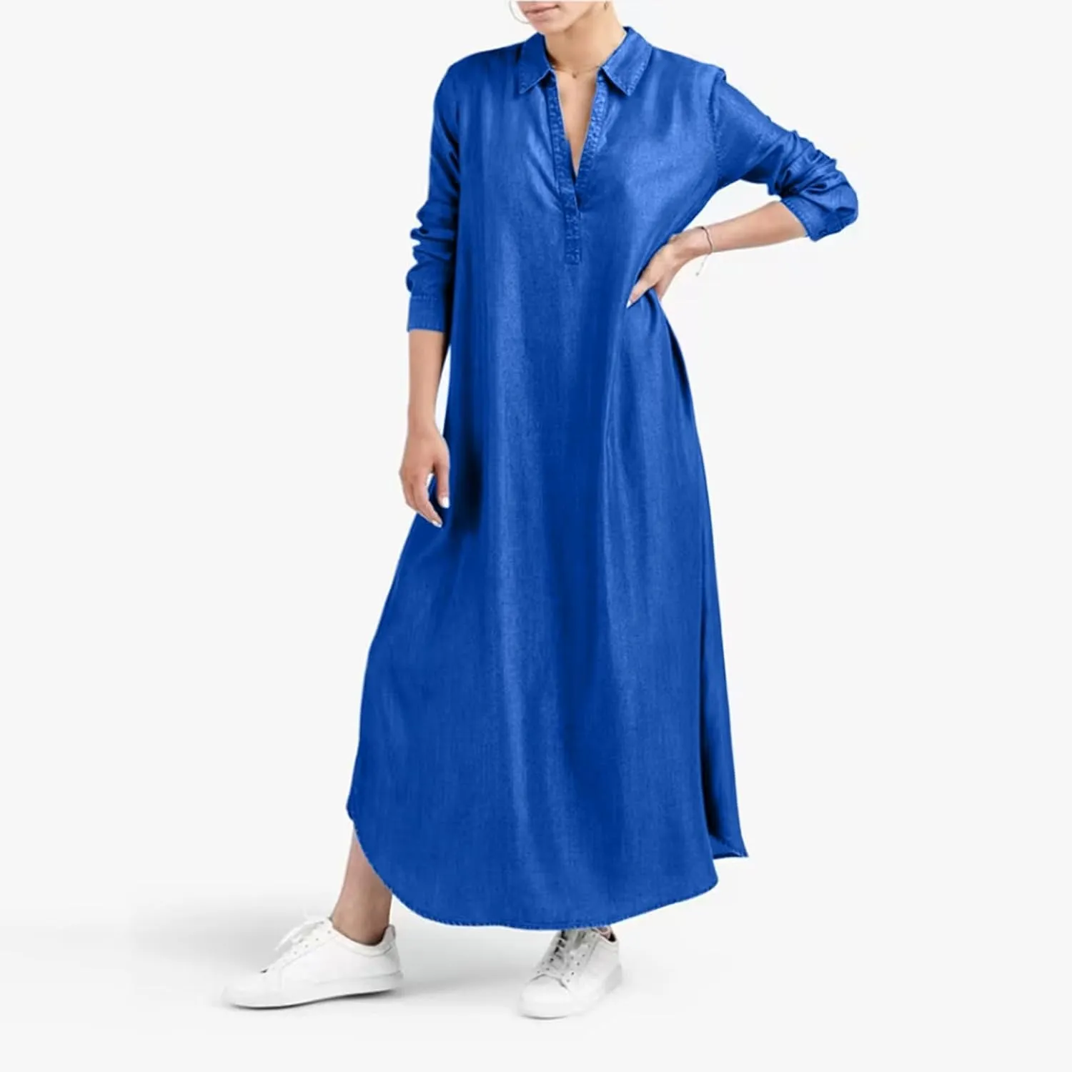 Women's Plain Maxi Long Dress Kaftan Cotton Long Sleeve Casaul Oversized Dress Summer Boho Maxi Dress Plus Size
