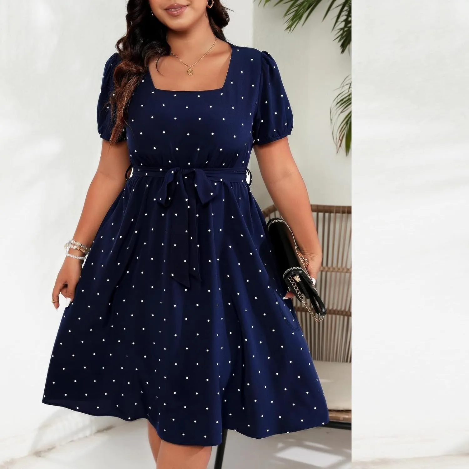 Womens Plus Size Short Puff Sleeve Dress Square Neck Belted Midi Dress High Waist Polka Dot Print Knee Length Dress