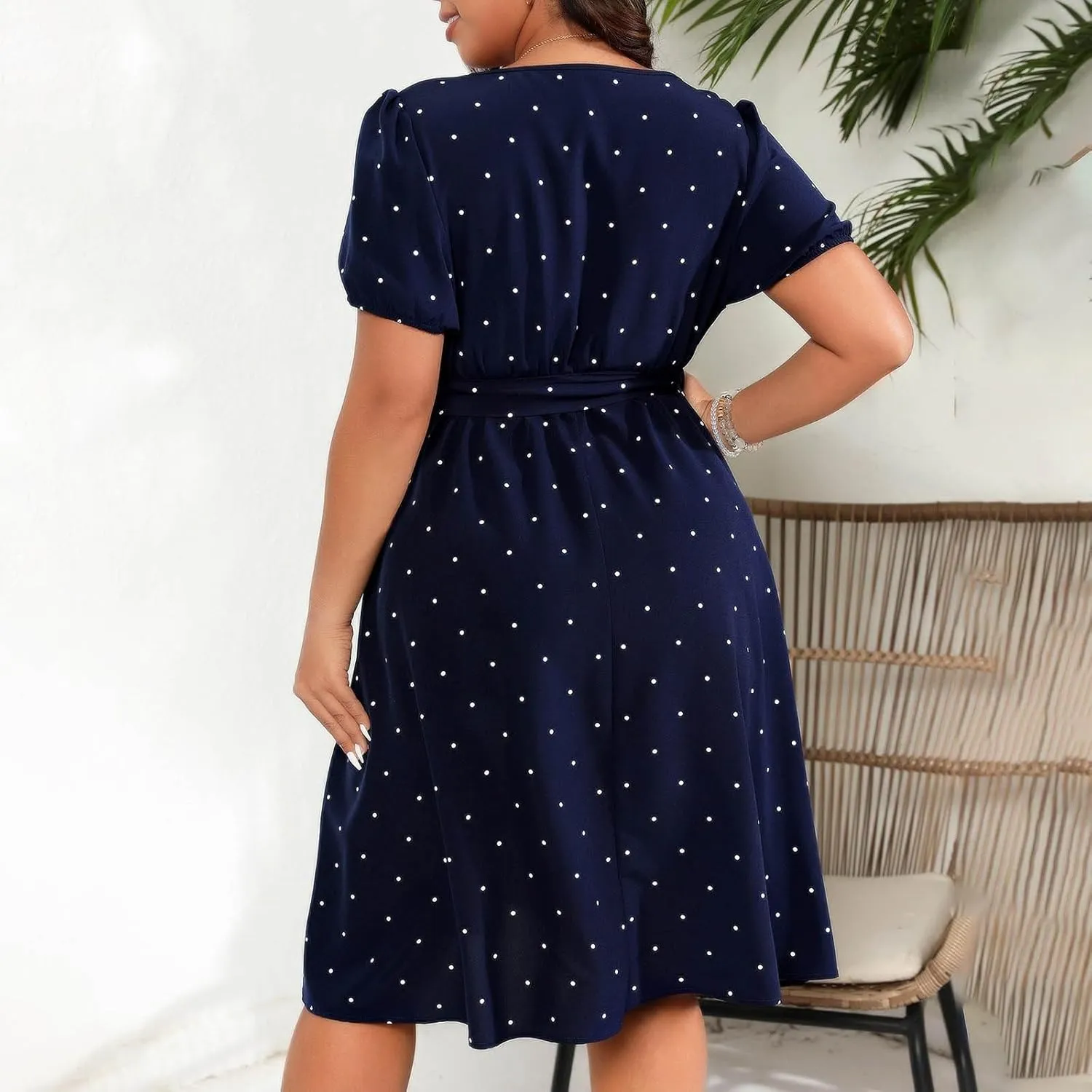 Womens Plus Size Short Puff Sleeve Dress Square Neck Belted Midi Dress High Waist Polka Dot Print Knee Length Dress