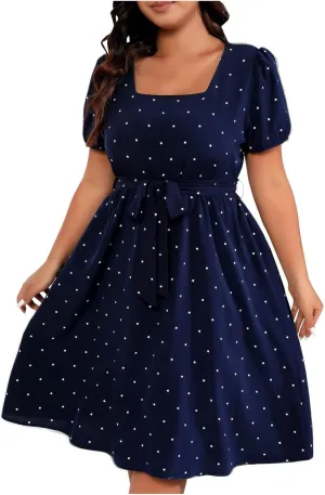 Womens Plus Size Short Puff Sleeve Dress Square Neck Belted Midi Dress High Waist Polka Dot Print Knee Length Dress