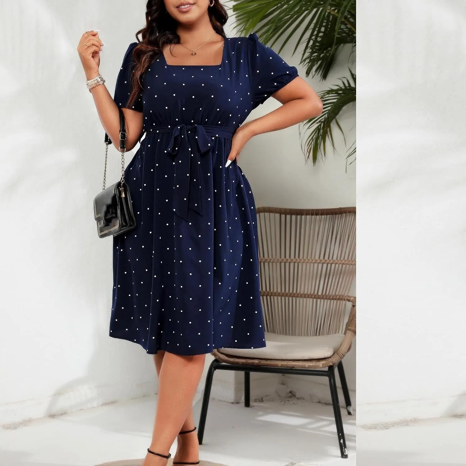 Womens Plus Size Short Puff Sleeve Dress Square Neck Belted Midi Dress High Waist Polka Dot Print Knee Length Dress