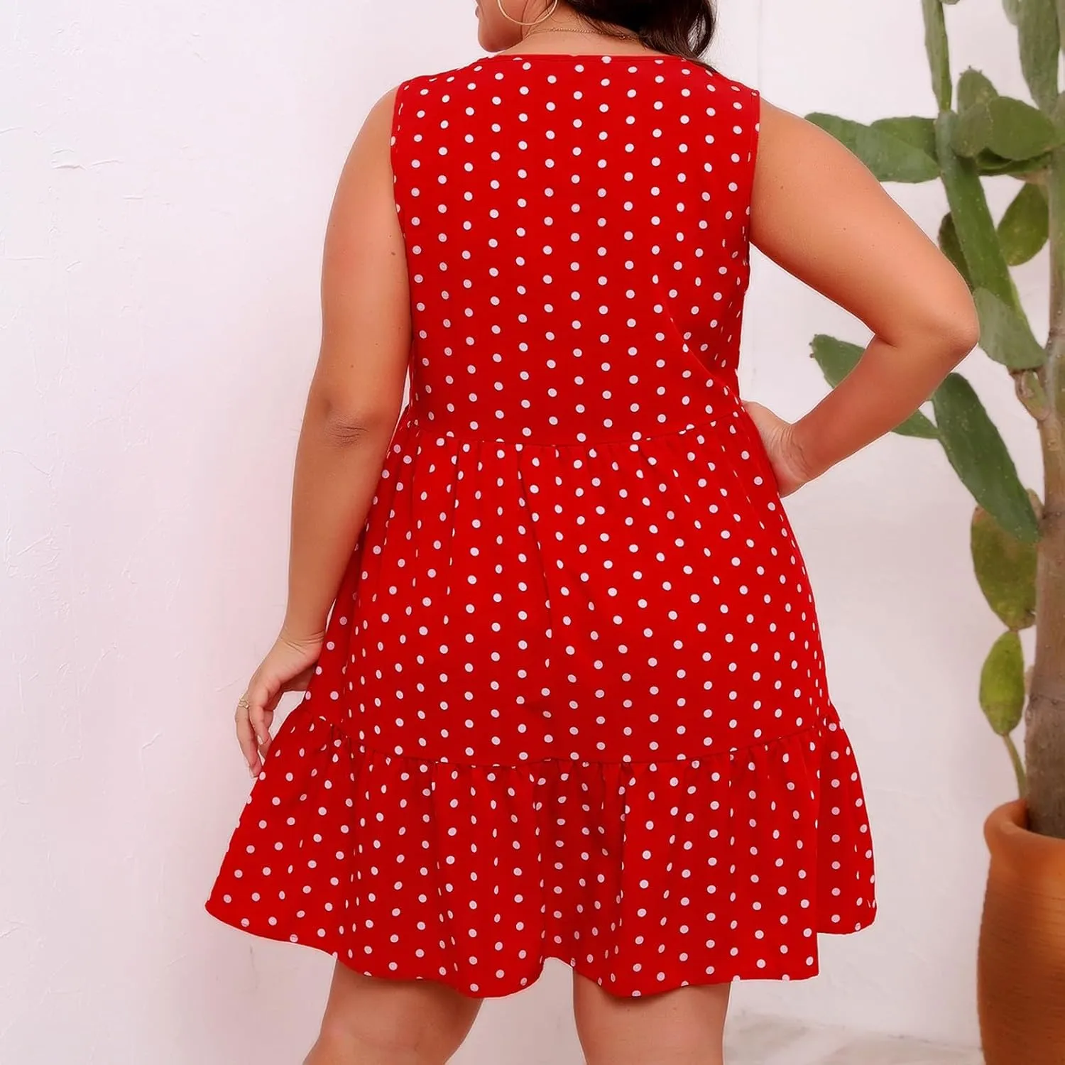 Womens Plus Size Tank Dresses Fashion Bohemian Polkadot Sleeveless Crewneck Swing Flowy Midi Dress Beach Sundress