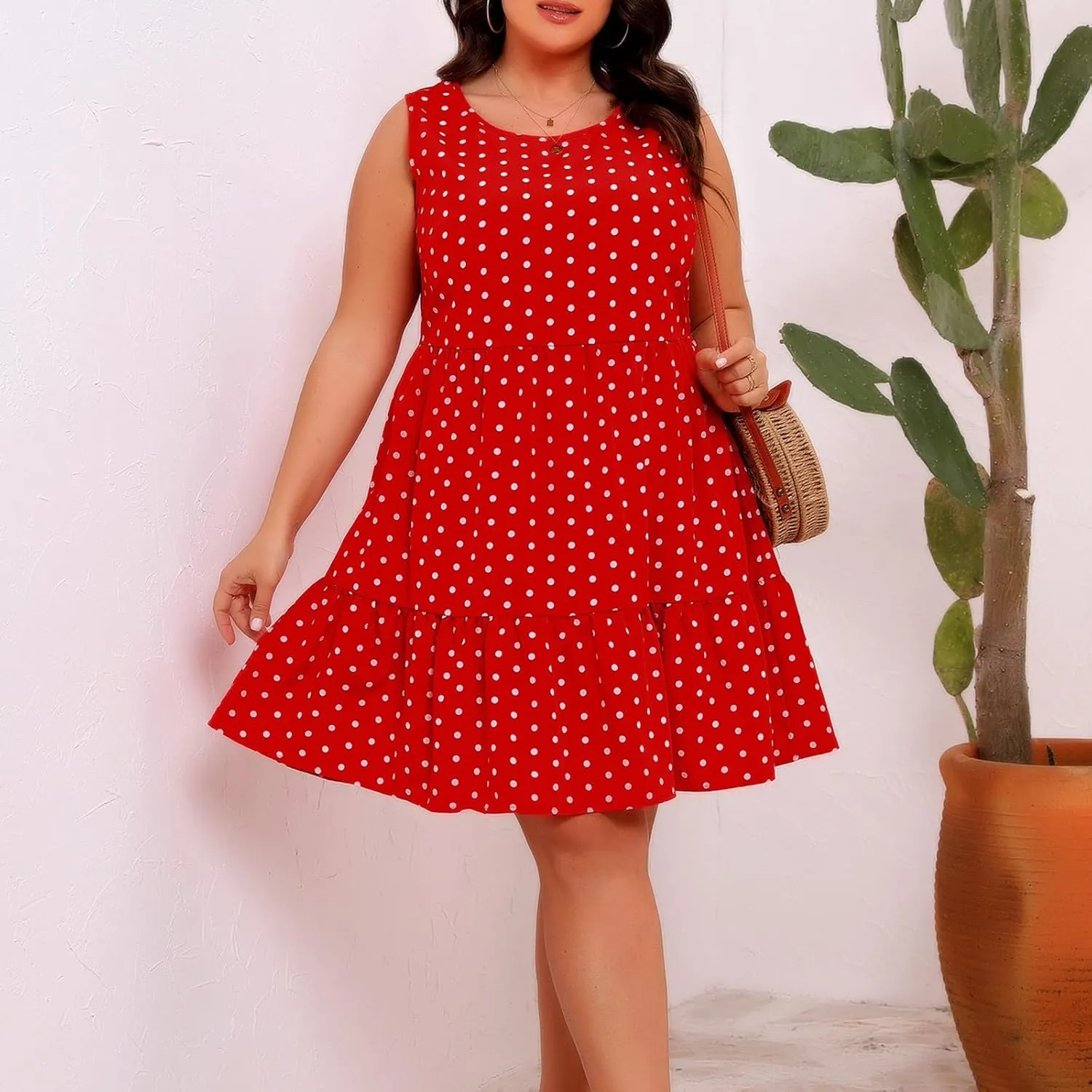Womens Plus Size Tank Dresses Fashion Bohemian Polkadot Sleeveless Crewneck Swing Flowy Midi Dress Beach Sundress