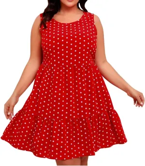 Womens Plus Size Tank Dresses Fashion Bohemian Polkadot Sleeveless Crewneck Swing Flowy Midi Dress Beach Sundress