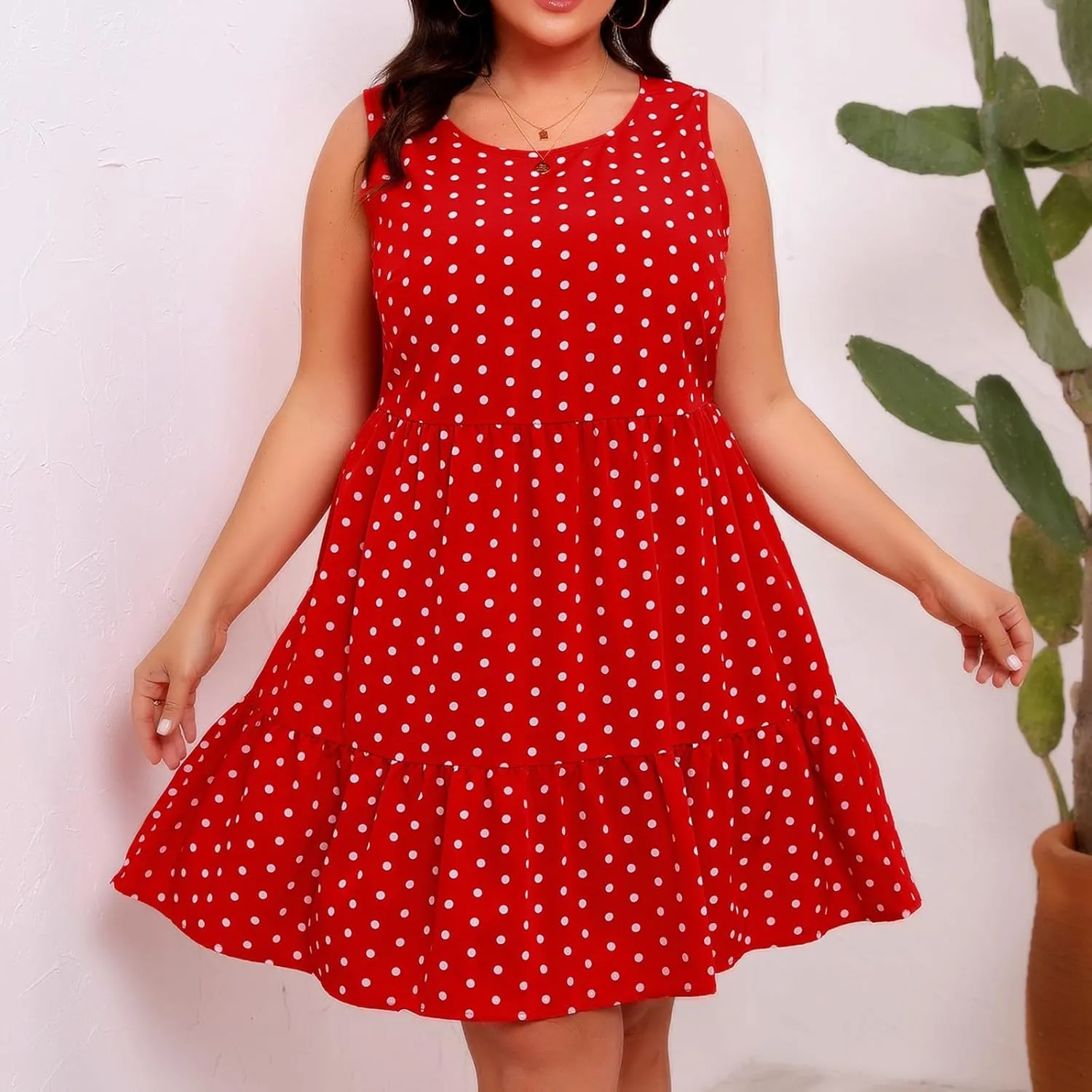 Womens Plus Size Tank Dresses Fashion Bohemian Polkadot Sleeveless Crewneck Swing Flowy Midi Dress Beach Sundress