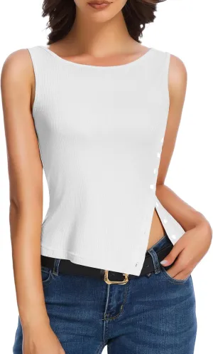 Womens Ribbed Tank Tops - 2025 Summer Sleeveless Vest Crew Neck Side Button Asymmetrical Casual Basic Shirts