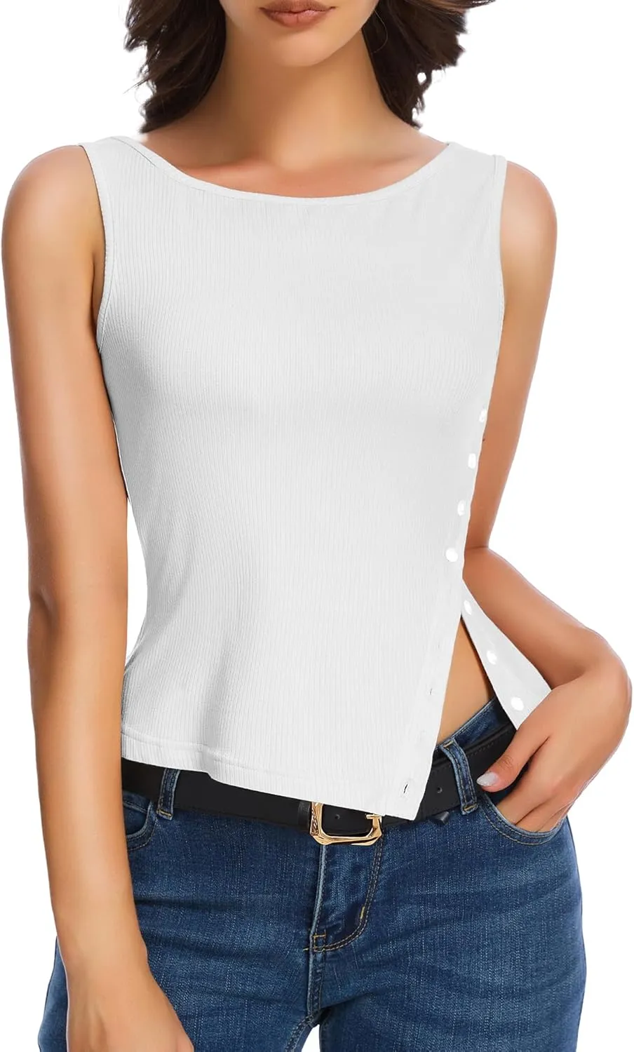Womens Ribbed Tank Tops - 2025 Summer Sleeveless Vest Crew Neck Side Button Asymmetrical Casual Basic Shirts