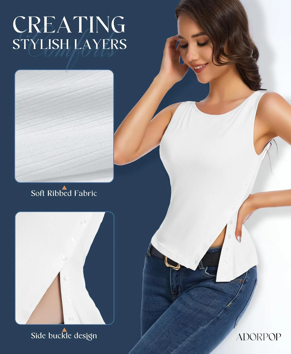 Womens Ribbed Tank Tops - 2025 Summer Sleeveless Vest Crew Neck Side Button Asymmetrical Casual Basic Shirts